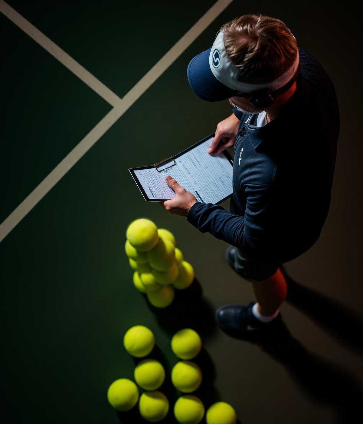 Coach with clipboard and tennis balls on court